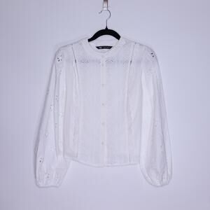 ZARA Openwork Lacey Long Sleeve Blouse White Cottagecore Eyelit Women's XS
